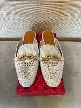 Tory Burch Jessa Crisp Blue Woven Leather Slip-On Mules